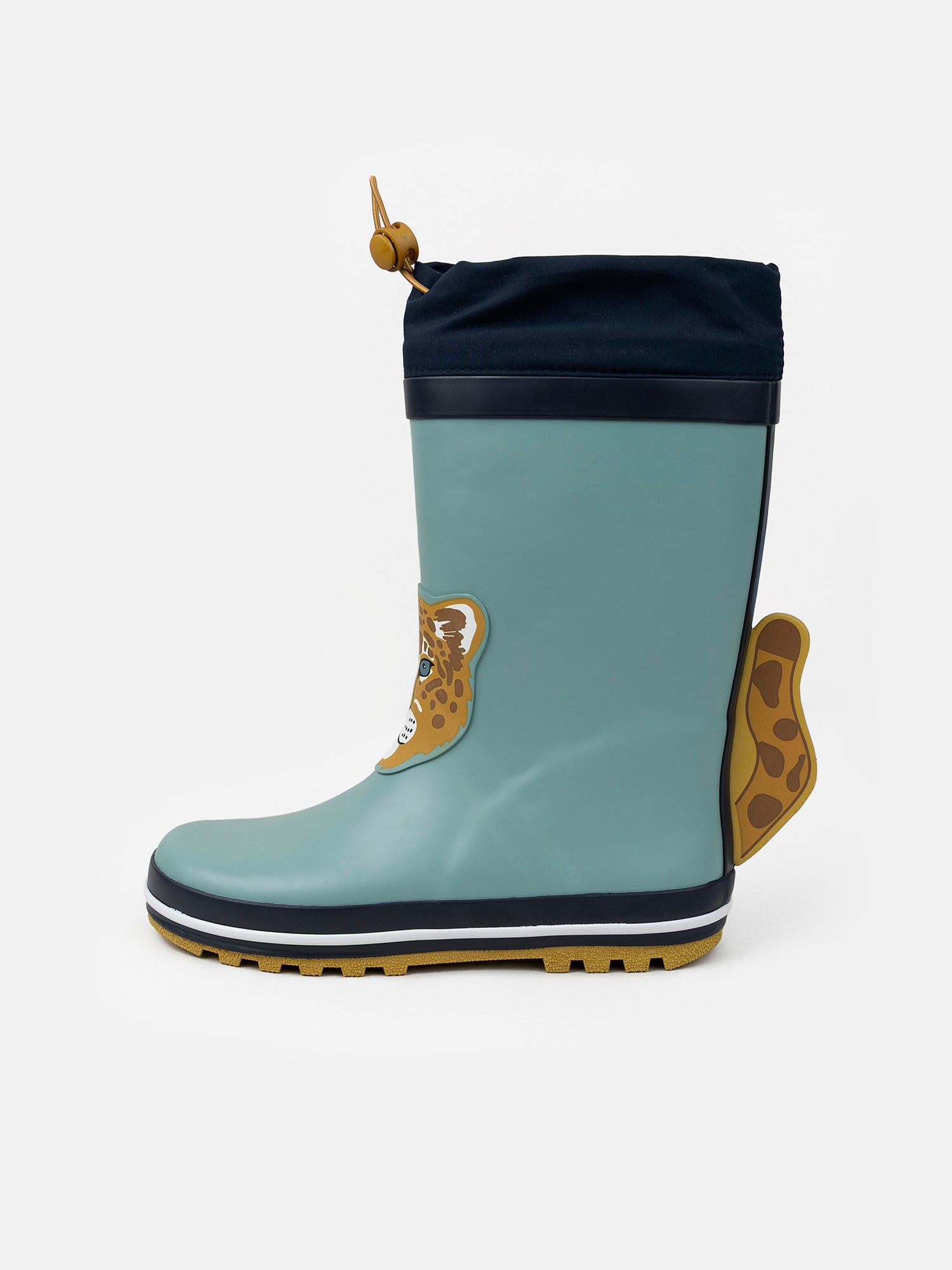 Botas de lluvia azules con parche de cabeza de leopardo para niño