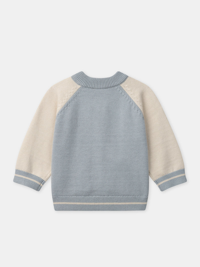 Cárdigan azul grisáceo y crema con cremallera para bebé niño