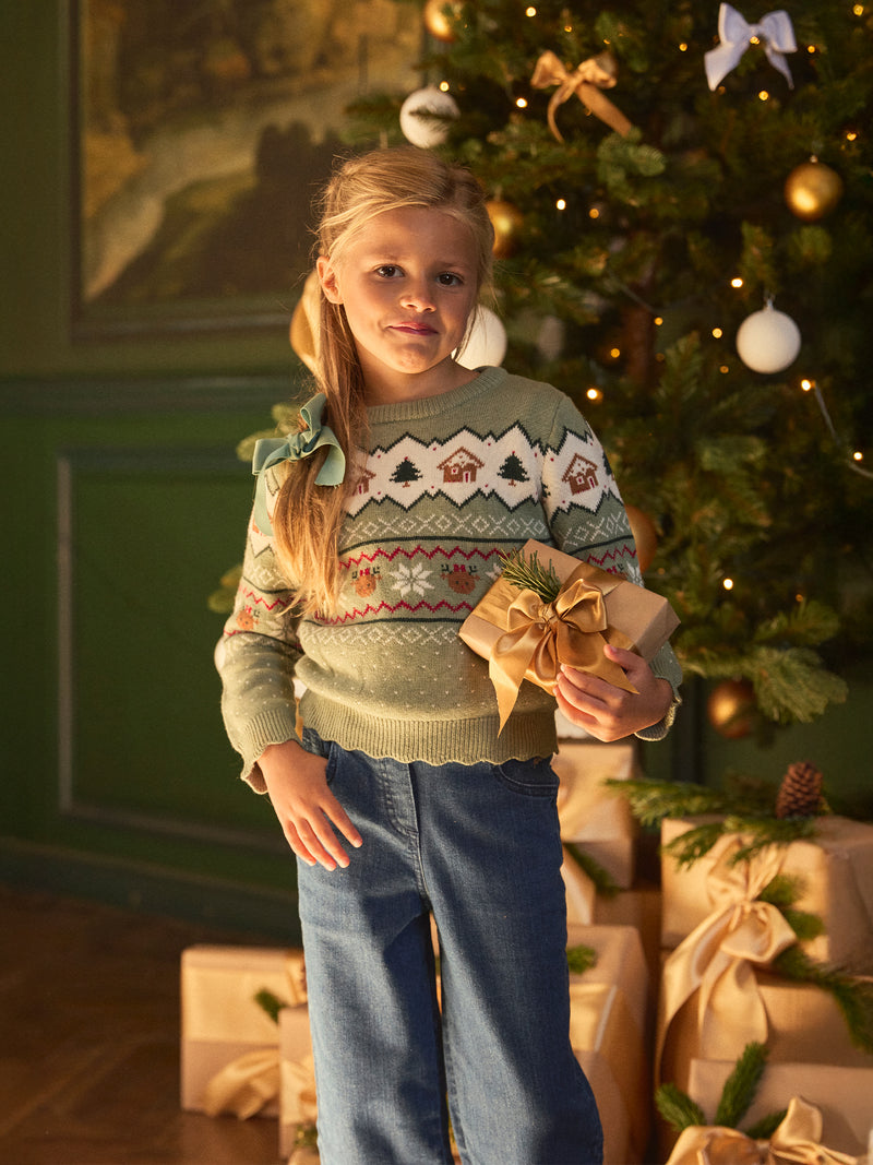 Pull de noël vert sauge Fille