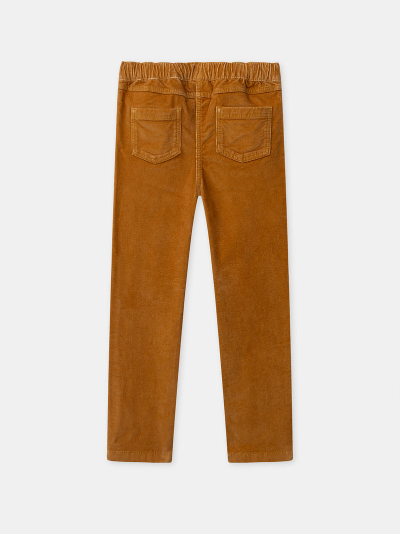 Pantalon marron en velours à broderies fleurs Fille