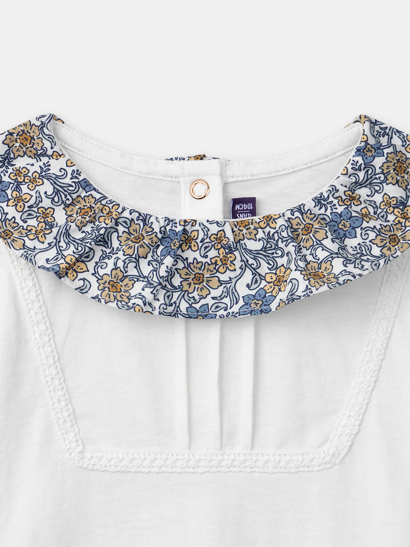 Camiseta blanca de manga larga con cuello floral para niñas