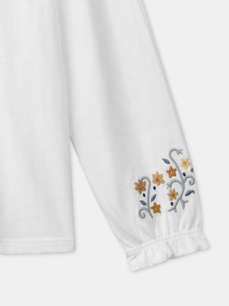 Camiseta blanca de manga larga con cuello floral para niñas