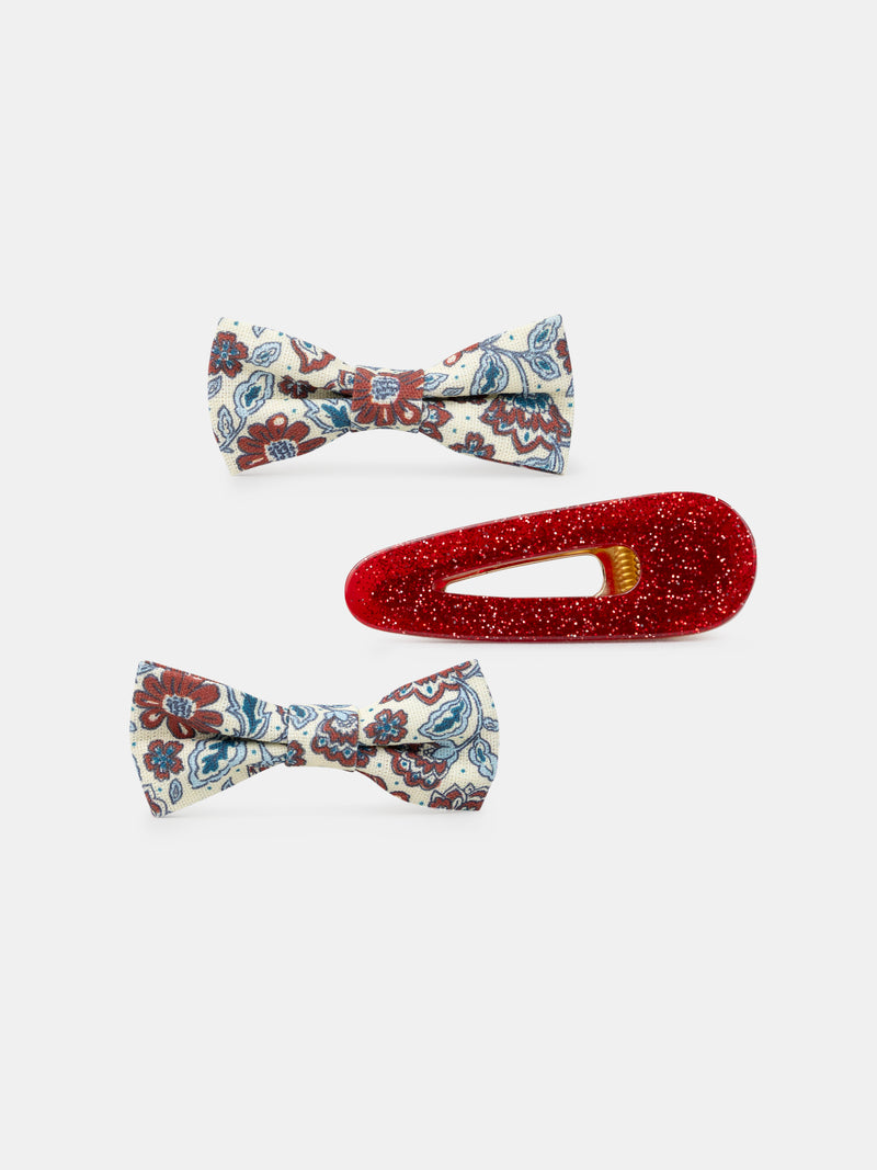 3 clips de pelo ecru con estampado floral o rojo brillante para niñas