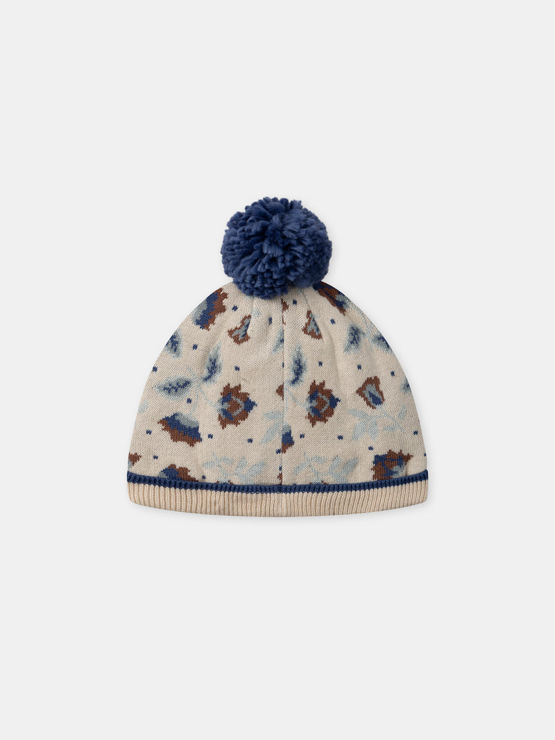 Bonnet beige en maille à motif fleurs avec pompom Fille