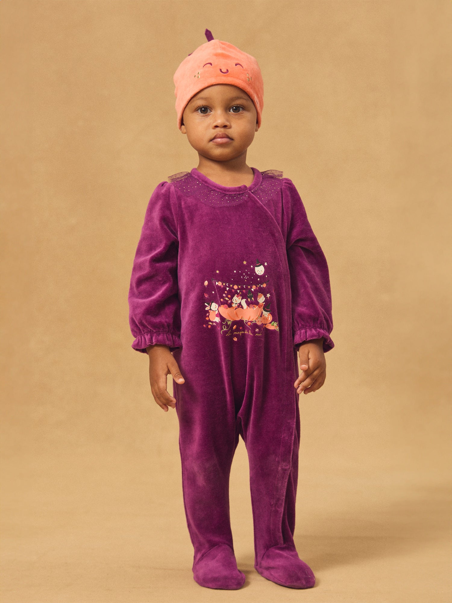 Monito violeta de terciopelo + Gorro de calabaza para Bebé Niña