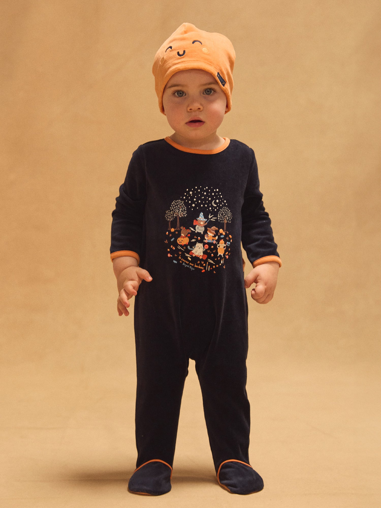 Monito azul marino de terciopelo + Gorro de calabaza para Bebé Niño