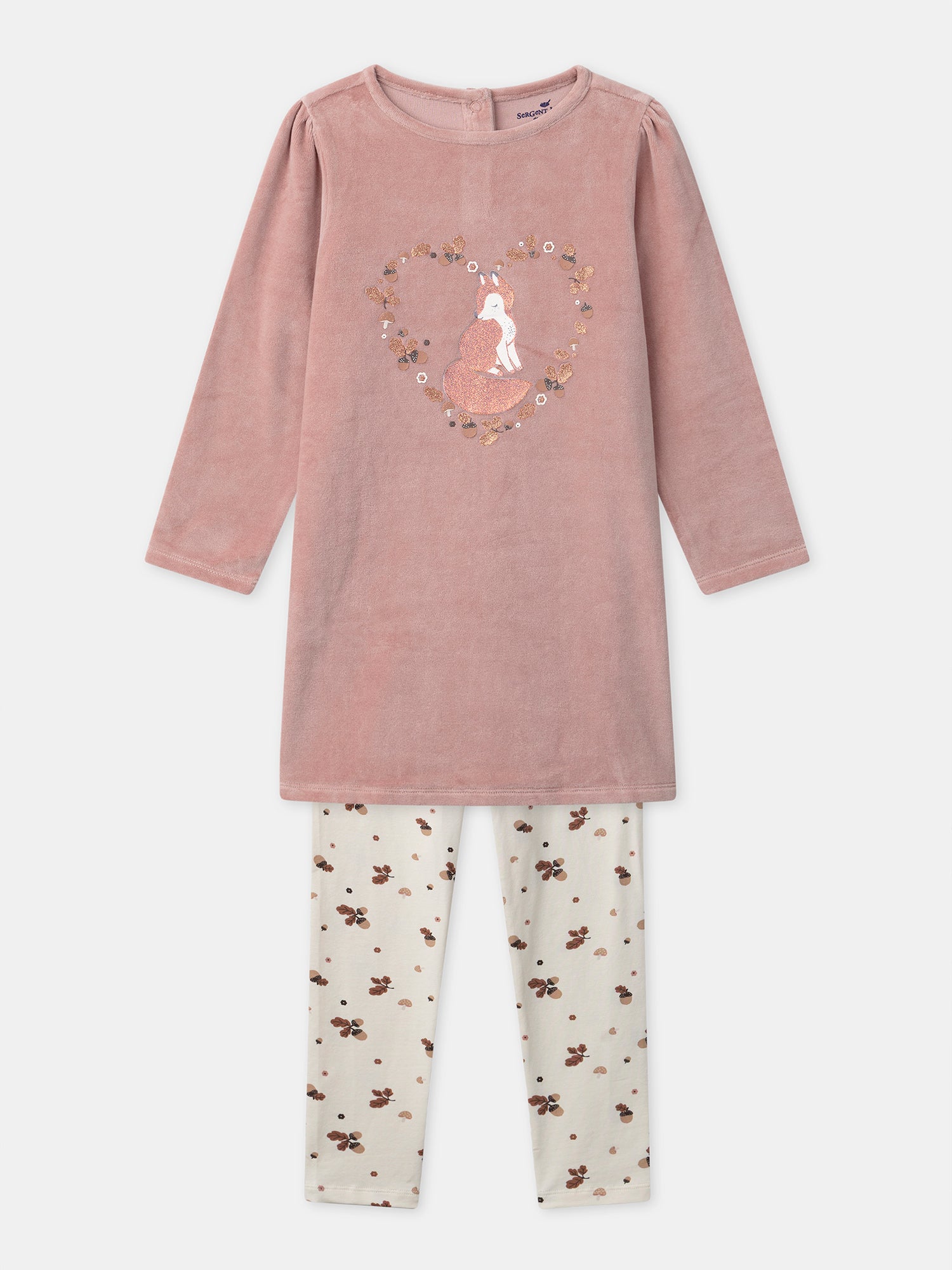 Camisón rosa de terciopelo con estampado de zorro y bellotas para chica