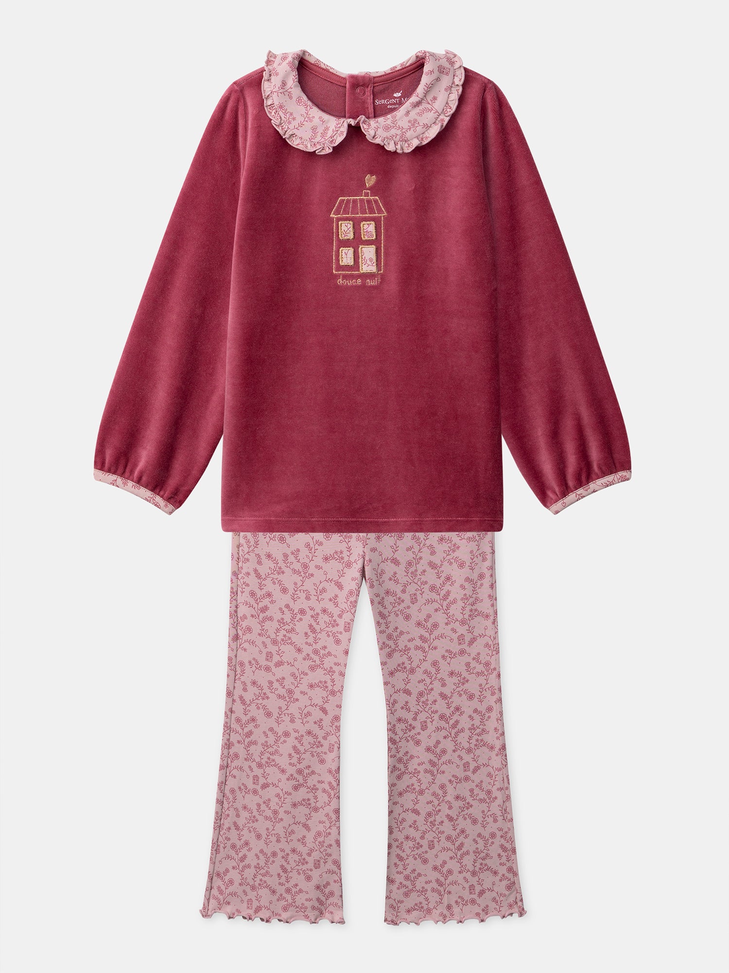Pijama de terciopelo rosa oscuro con estampado floral para niñas
