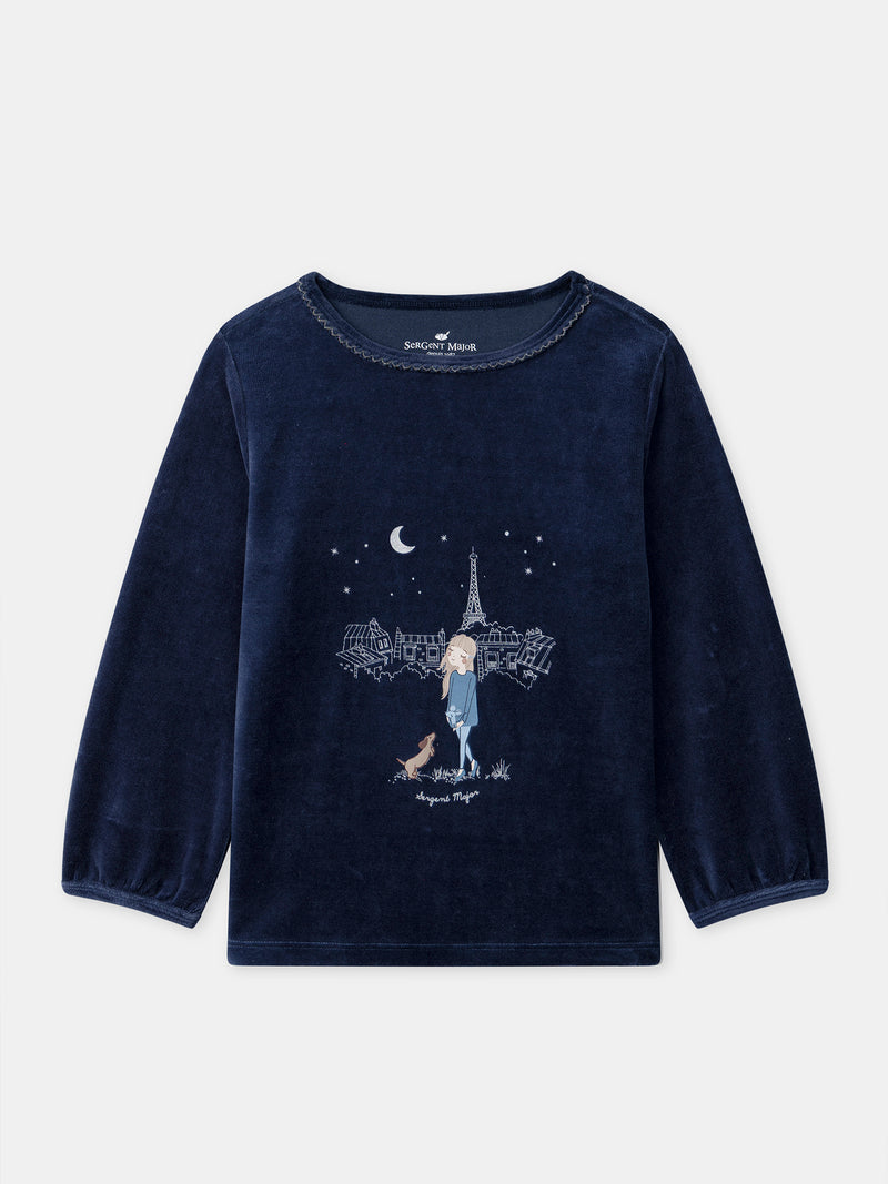 Pijama de Terciopelo Azul Marino con Estampado de la Torre Eiffel para Niñas