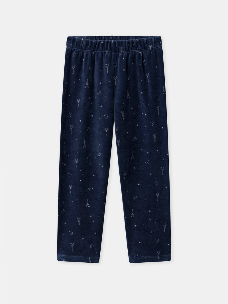 Pijama de Terciopelo Azul Marino con Estampado de la Torre Eiffel para Niñas