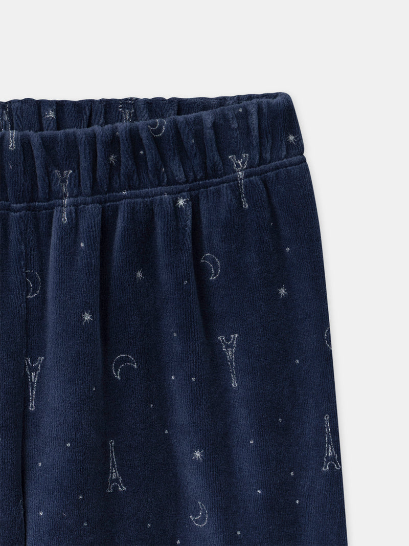 Pijama de Terciopelo Azul Marino con Estampado de la Torre Eiffel para Niñas