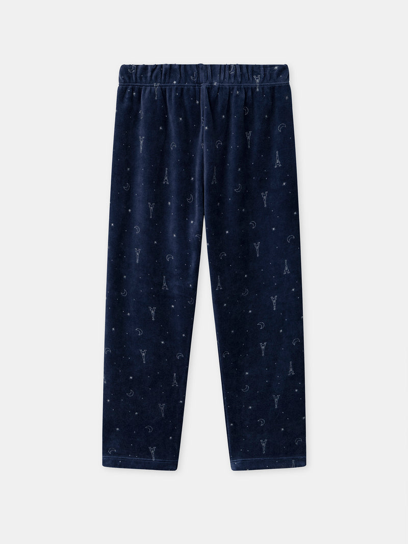 Pijama de Terciopelo Azul Marino con Estampado de la Torre Eiffel para Niñas