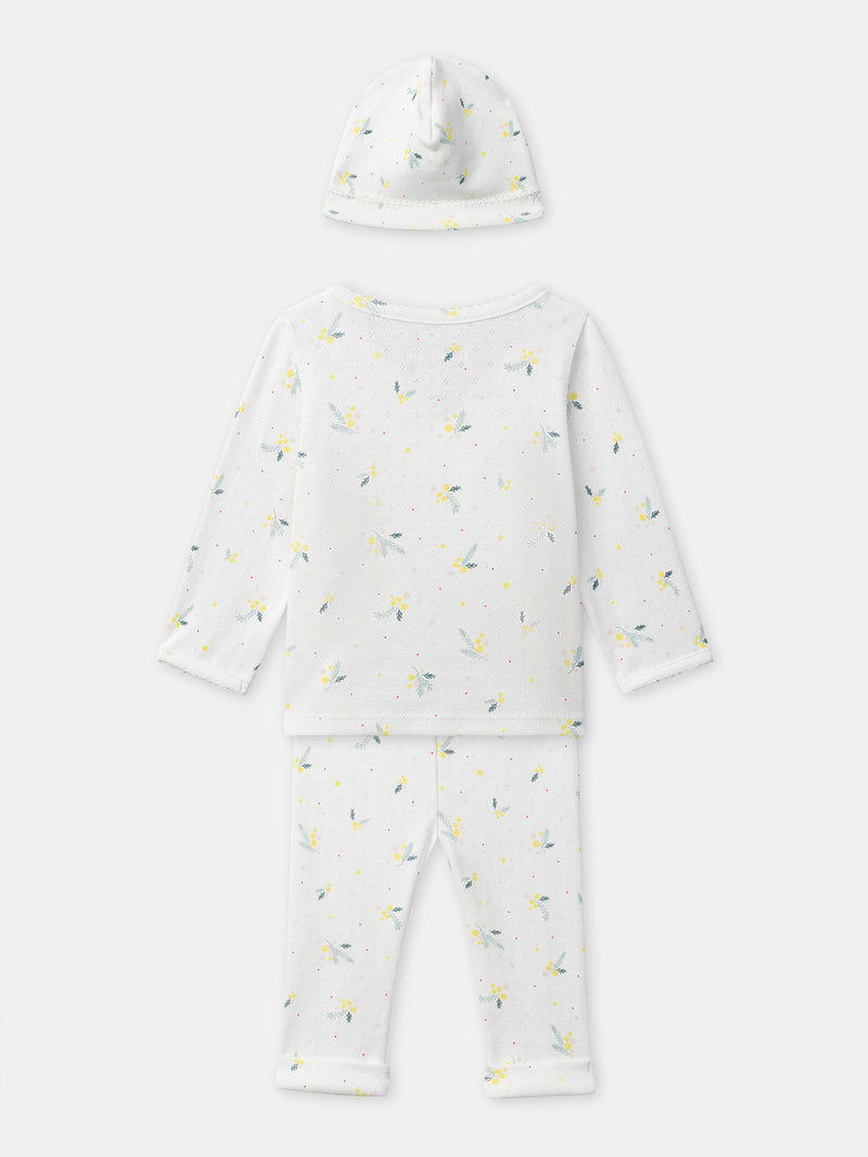 Conjunto de top + pantalones + gorro con estampado de hojas para niña recién nacida