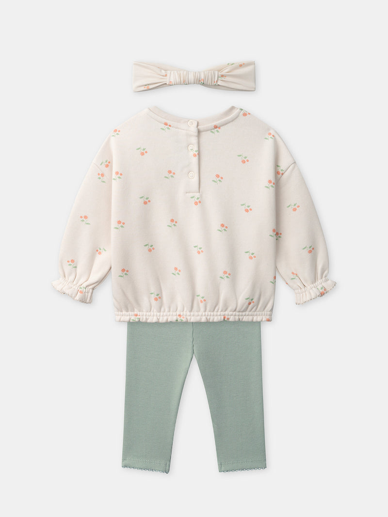 Conjunto de sudadera en crudo + legging verde + diadema para niña
