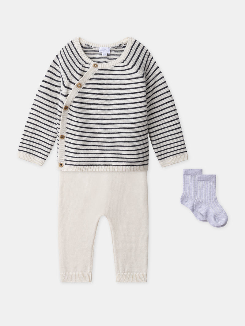 Conjunto de punto con cárdigan + pantalones + calcetines para nacimiento unisex