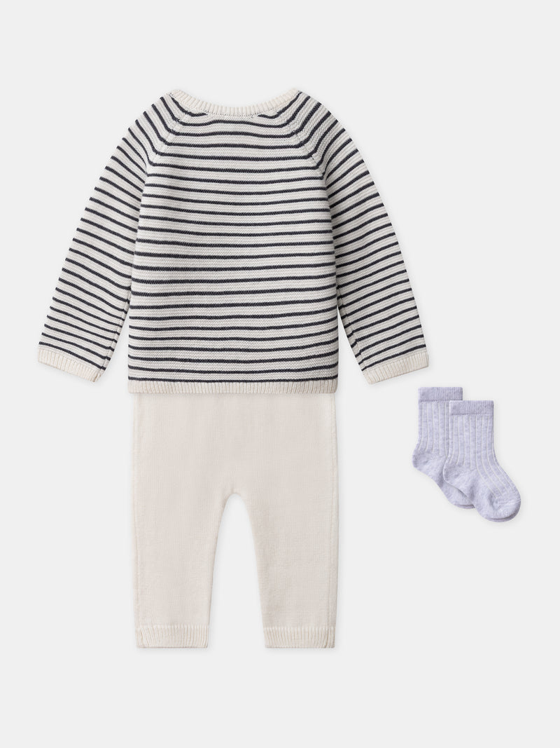 Conjunto de punto con cárdigan + pantalones + calcetines para nacimiento unisex