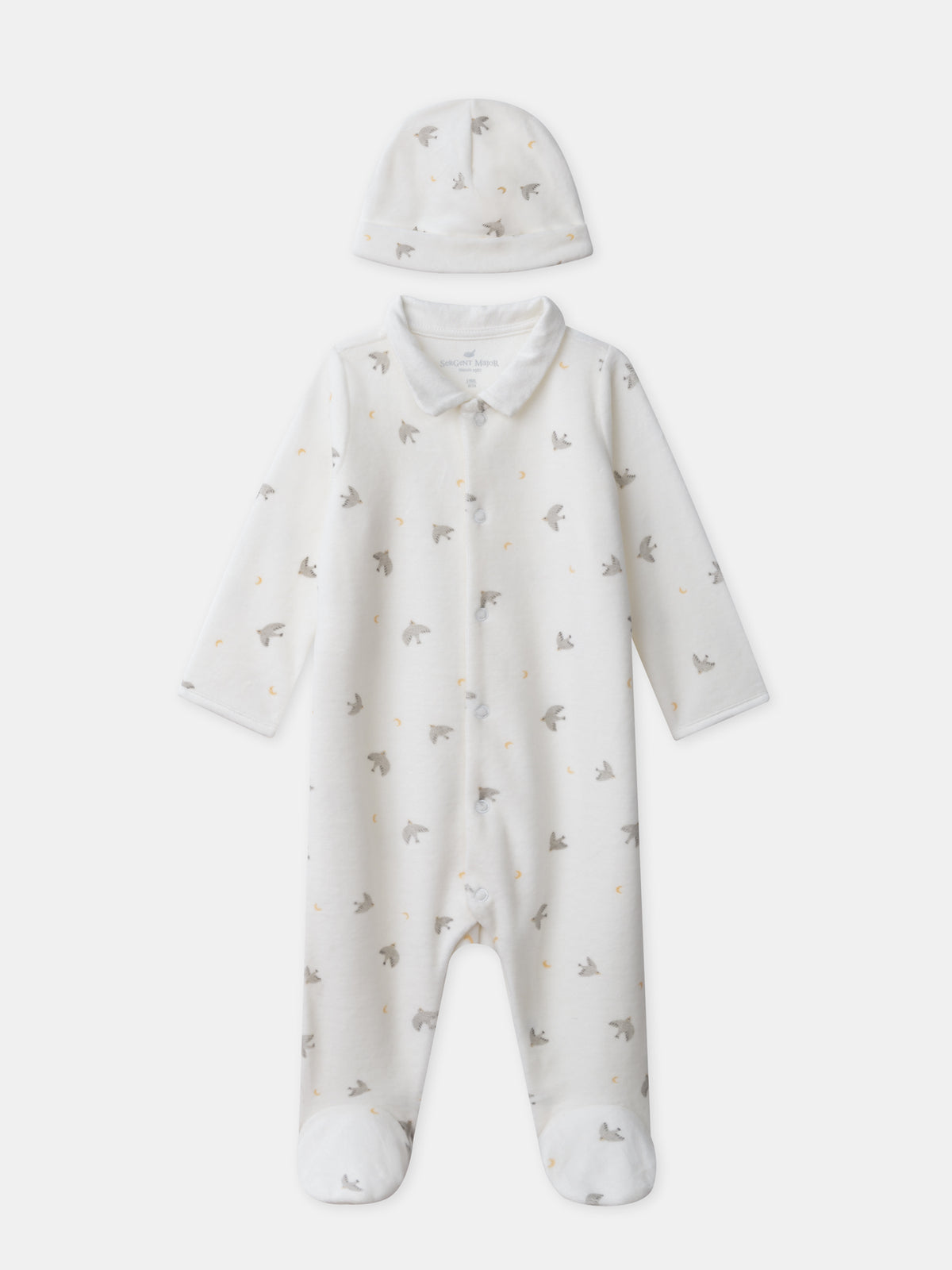 Pijama + gorra ecru impresa con pájaros y lunas Nacimiento Mixto