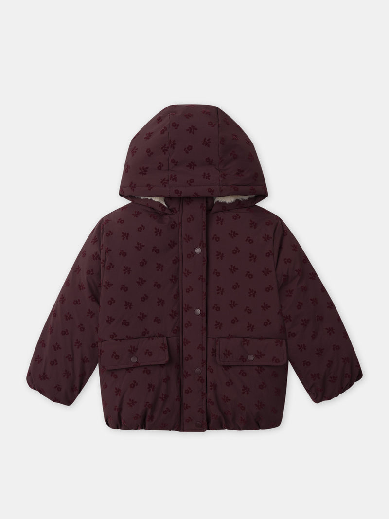 Chaqueta Puffer Burdeos de Terciopelo con Estampado Floral para Chicas