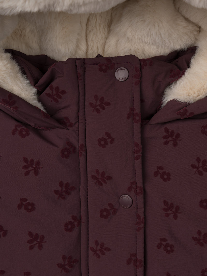 Chaqueta Puffer Burdeos de Terciopelo con Estampado Floral para Chicas