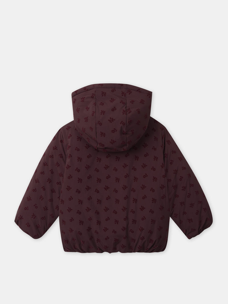 Chaqueta Puffer Burdeos de Terciopelo con Estampado Floral para Chicas