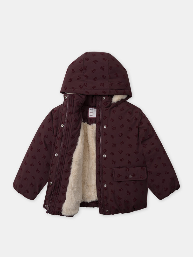 Chaqueta Puffer Burdeos de Terciopelo con Estampado Floral para Chicas