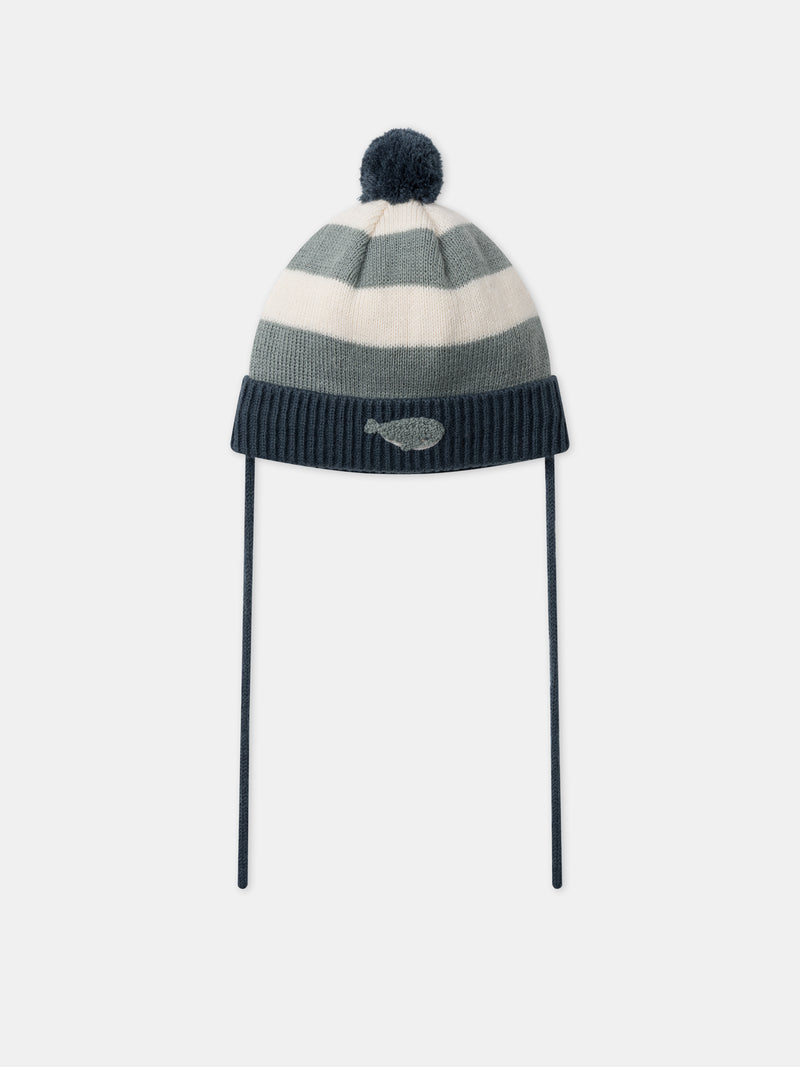 Gorro tricolor a rayas con pompon y bordado de ballena para bebé niño