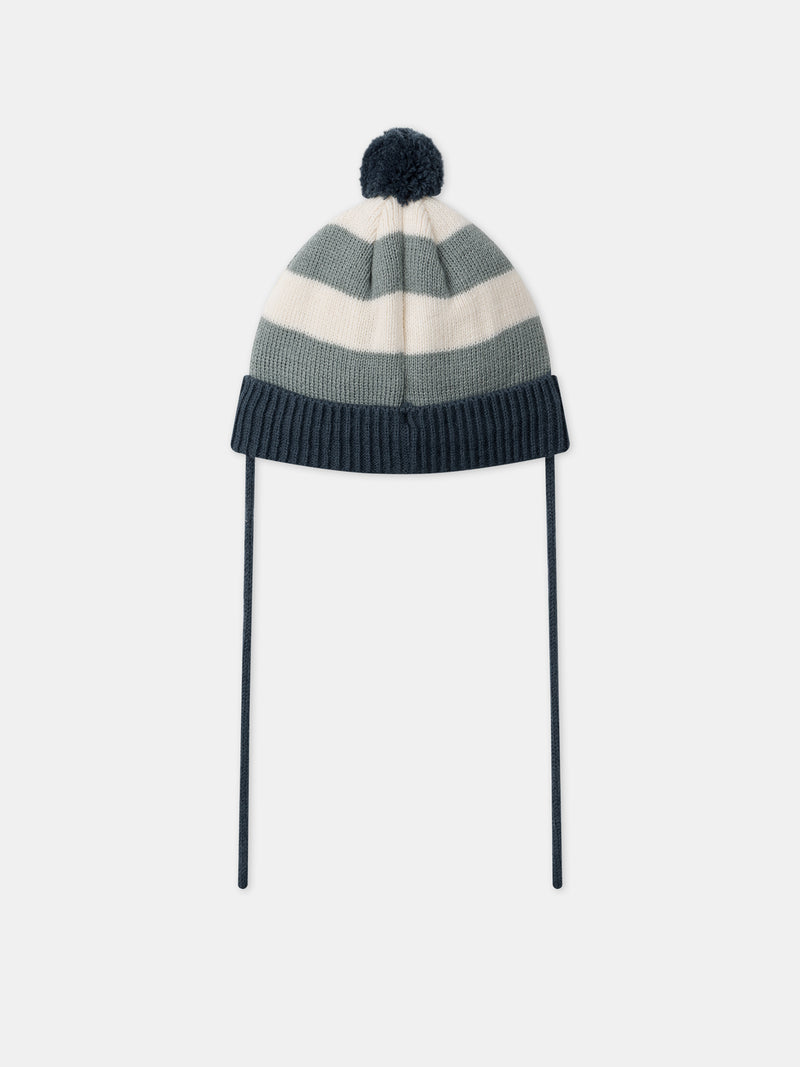 Gorro tricolor a rayas con pompon y bordado de ballena para bebé niño