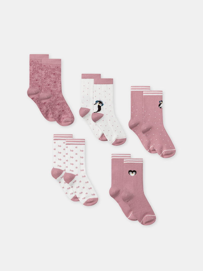 Pack de 5 calcetines rosas pingüinos Chica