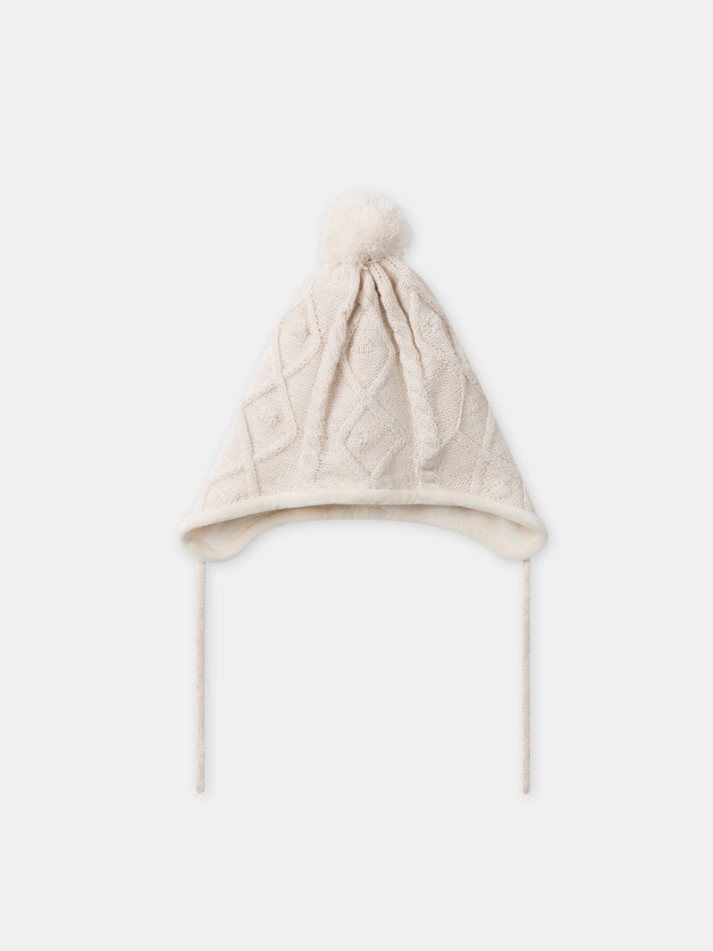 Gorro ecru con rizos y pompón de piel sintética niña