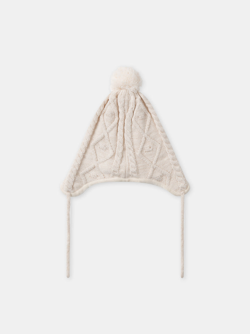 Gorro ecru con rizos y pompón de piel sintética niña