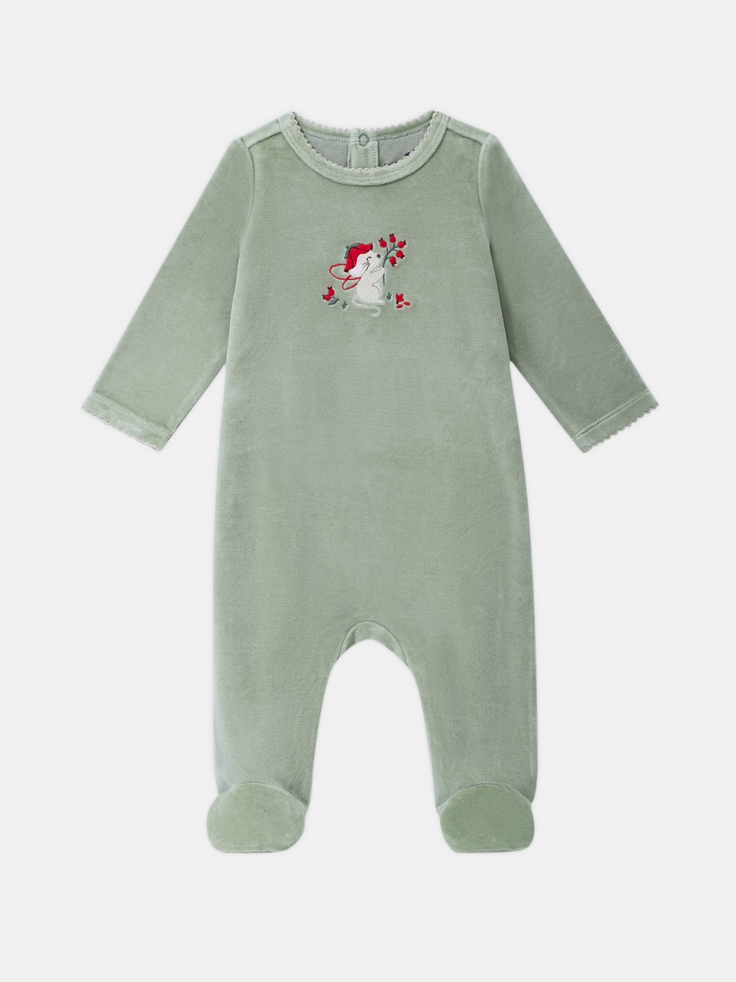 Pijama de terciopelo verde salvia con bordado de ratón y frutas Bebé Chica