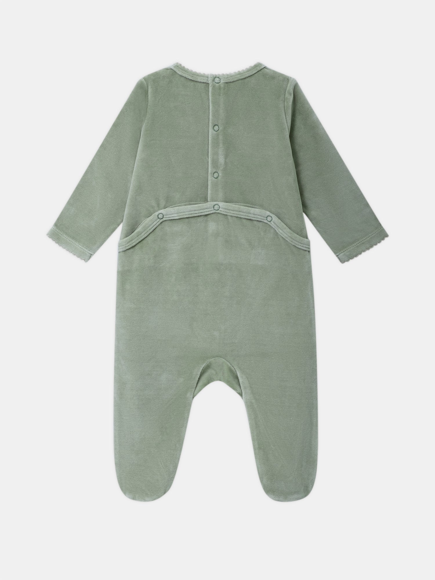 Pijama de terciopelo verde salvia con bordado de ratón y frutas Bebé Chica