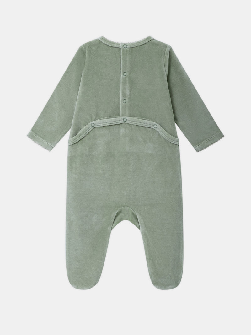 Pijama de terciopelo verde salvia con bordado de ratón y frutas Bebé Chica