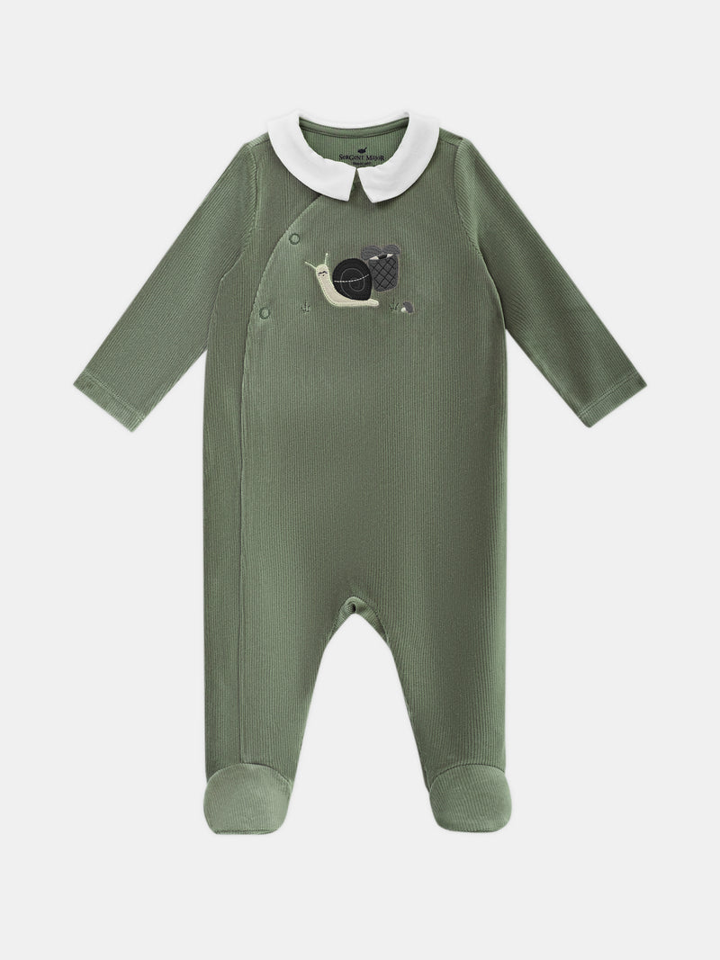 Pijama de velour verde grisáceo con brodería de caracol Bebé Chico