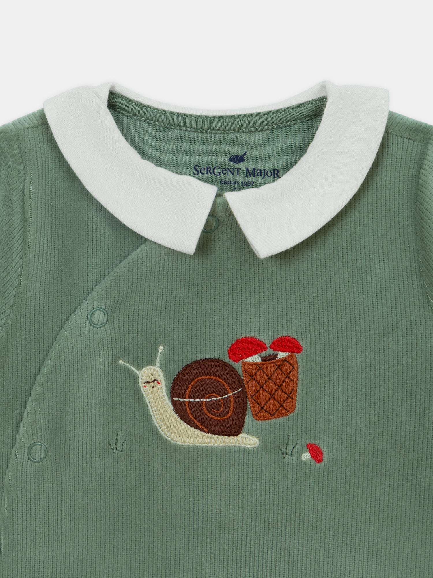 Pijama de velour verde grisáceo con brodería de caracol Bebé Chico