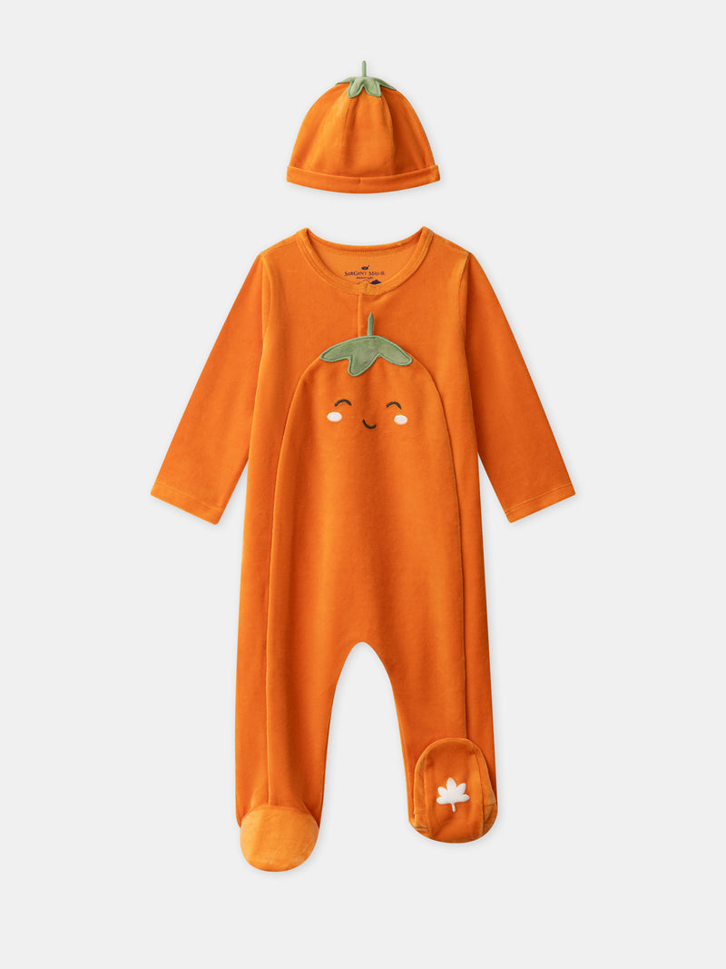 Grenouillère orange citrouille en velours + bonnet Bébé Garçon