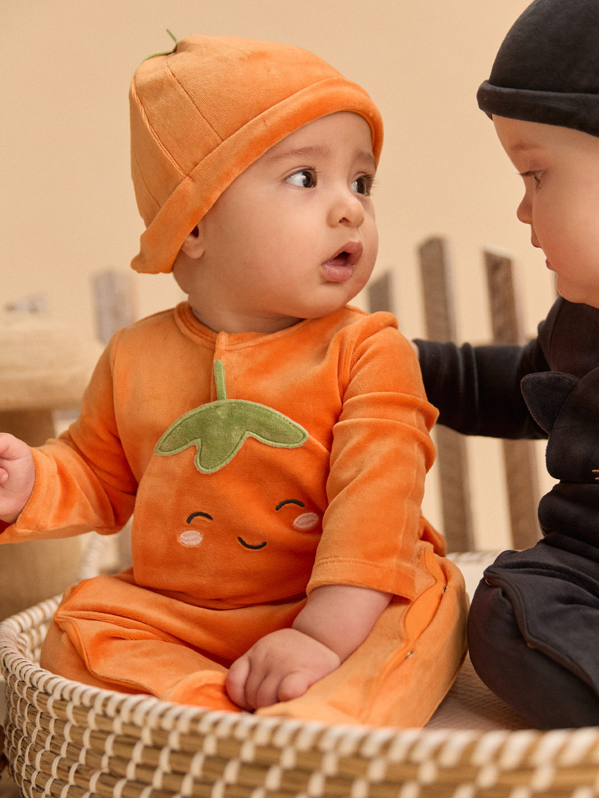 Grenouillère orange citrouille en velours + bonnet Bébé Garçon