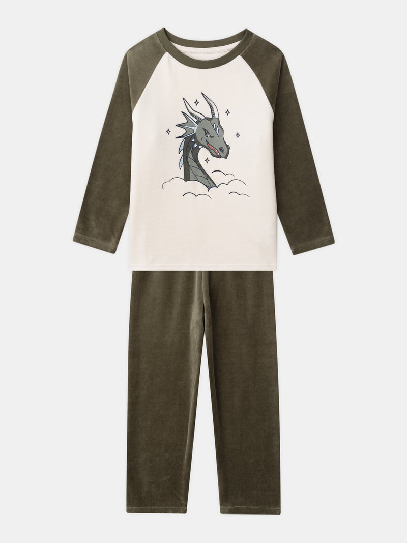 Pijamas de terciopelo en ecru y kaki con estampado de dragón para niños