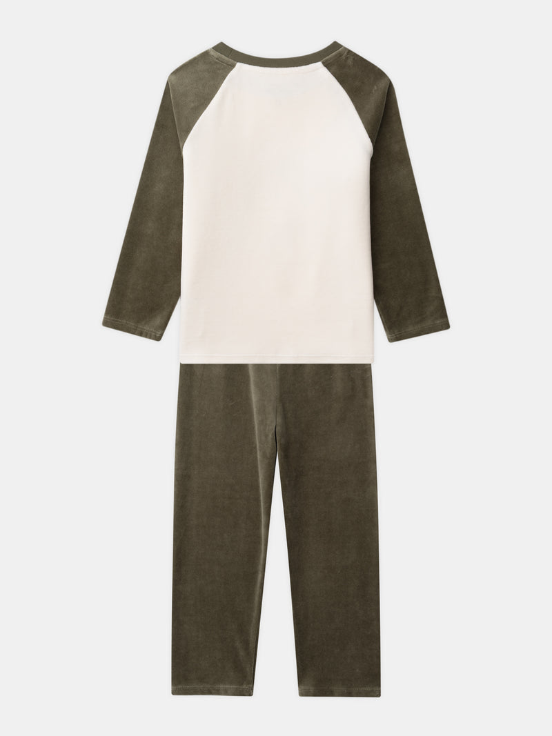 Pijamas de terciopelo en ecru y kaki con estampado de dragón para niños