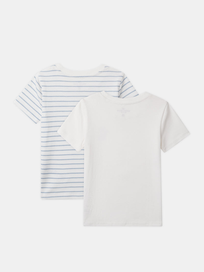Lote de 2 camisetas ecru con impresión de dragón o rayas azules para niño