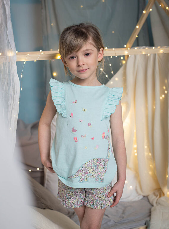 Pijama azul turquesa con estampado de dinosaurio y flor para niña CHOUFIETTE / 22E5PF51PYJ203