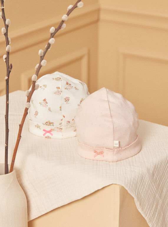 2 gorros de algodón de color crudo y rosa para recién nacido LOREEN / 24H0AF11BNA001