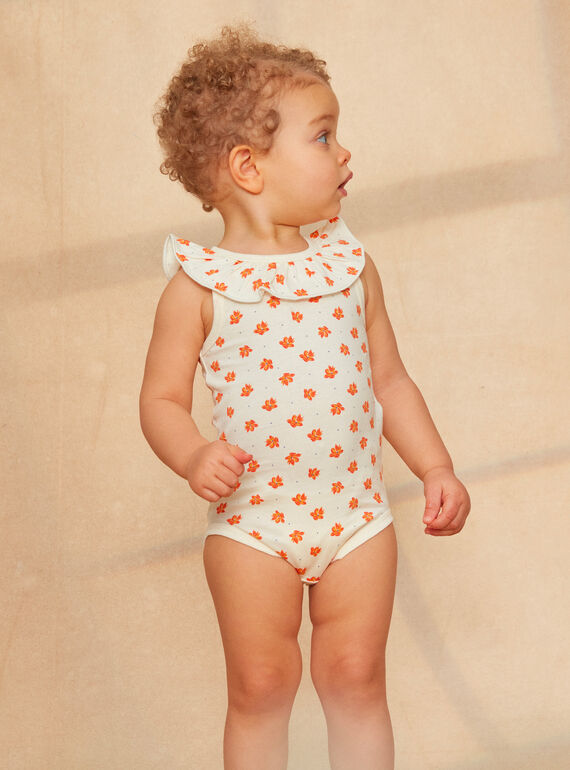 Body de canalé crudo sin mangas con estampado de flor azul y naranja KAZARA / 24E1BFS1BOD001