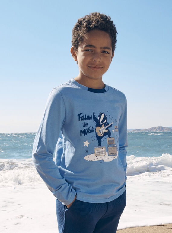 Camiseta de punto azul cielo con imagen de tejón guitarrista LETICHAGE / 24H3PGJ1TMLC236