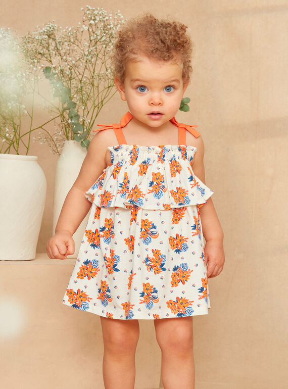 Vestido avolantado crudo de punto fino con estampado de flor azul y naranja KAZILDA / 24E1BFS1ROB001