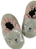 Zapatillas de casa de piel flexibles con brillo de color beige con gato bordado para bebé niña GNFCHAT / 19WK37Z2D3S080