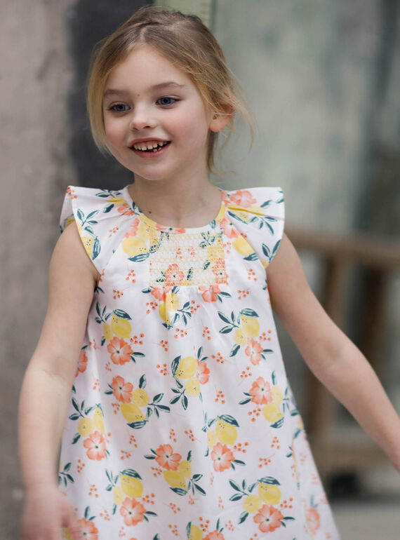 Vestido blanco y amarillo, con estampado de limón y floral, para niña ZICITETTE / 21E2PFO1ROB000