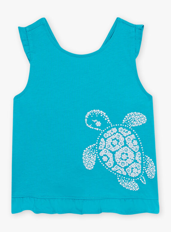 Camiseta de tirantes de color azul turquesa con estampado de tortuga para niña CAUJERETTE  2 / 22E2PFT1DEB202