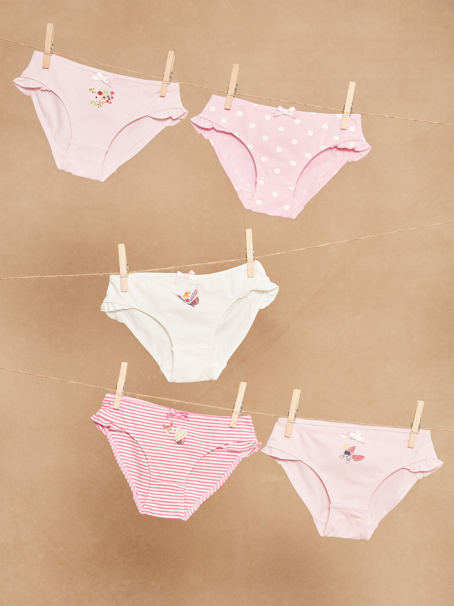 5 bragas rosas con estampado de rayas lunares y mariposas Chica