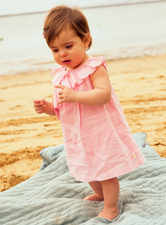 Vestido de popelina rosa con bordado de conchas y cubrepañal para bebé niña CASOLEIL / 22E1BFN1ROBD315